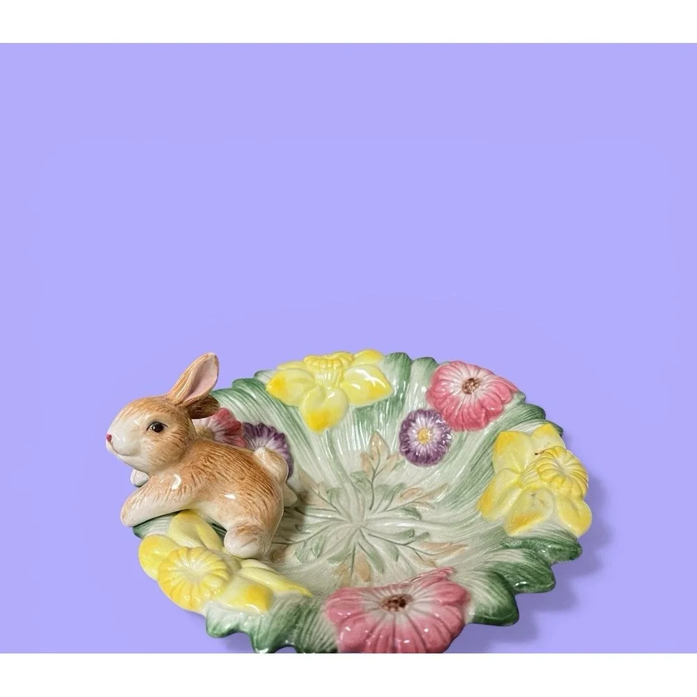 Fitz & Floyd Natures Treasure Bunny Rabbit Daffodil‎ Flowers Candy Bowl Easter